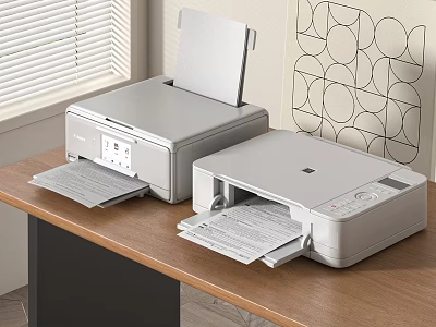 Modern Office Electrical Appliances Printers on Wooden Desk with Window Blinds and Geometric Wall 3d model