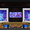 Modern KTV Interior With Neon Lights Large Screen Bar Counter And Comfortable Sofas