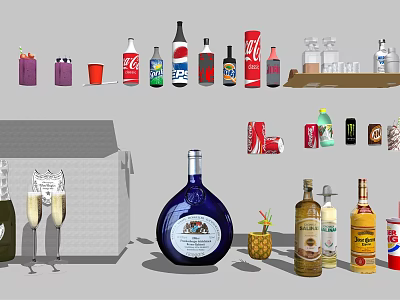 Assorted Beverages Collection Featuring Bottled Drinks Canned Soda Wine Bottles And Champagne Glasses 3d model