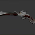 Ornate Engraved Revolver Featuring Long Barrel And Red Grip Design Elements