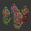 Vibrant Casino Slot Machines Featuring Colorful Spinning Wheels and Green Top Decorations on Gray Background