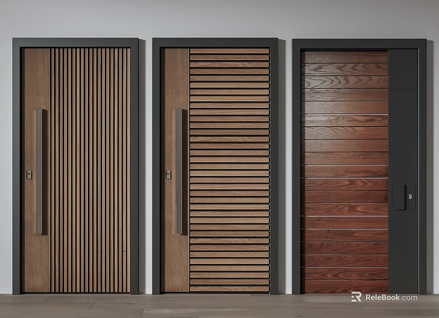 Wooden Hinged Doors With Different Panel Designs And Slatted Patterns For Interior Decoration 3d model