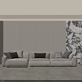 Beige Sofa With Decorative Cushions Against Modern Panel Background Wall With Striped Texture And Marble Artwork