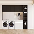 Modern Laundry Room Interior With Two Washing Machines White Counter And Black Cabinets