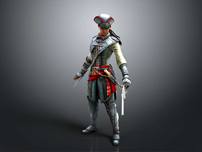 Historical Assassin Themed Man in Leather Armor with Red Sash Holding Dual Swords 3d model