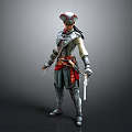 Historical Assassin Themed Man in Leather Armor with Red Sash Holding Dual Swords