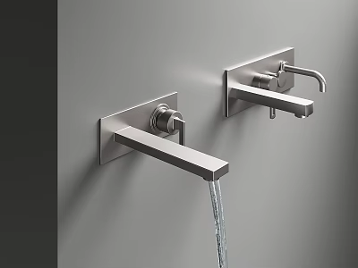 Sleek Modern Wall Mounted Faucets With Running Water On Gray Wall 3d model