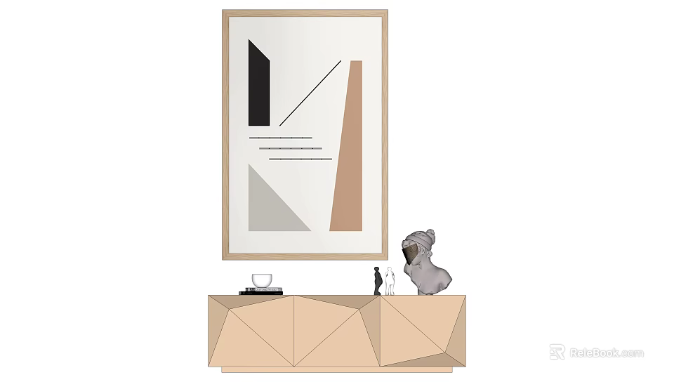 Modern Geometric Artwork On Wall Above Geometric Sideboard With Puppy Figurine And Cup 3d model 