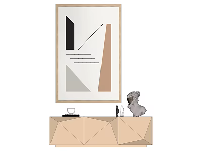 Modern Geometric Artwork On Wall Above Geometric Sideboard With Puppy Figurine And Cup 3d model