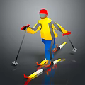Skier Skiing With Poles Skis In Yellow Gray Jacket Red Hat Gloves On Gray Background