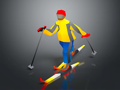 Skier Skiing With Poles Skis In Yellow Gray Jacket Red Hat Gloves On Gray Background 3d model