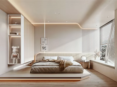 Modern Bedroom Interior Design With Platform Bed Built in Wardrobes And Large Window Blinds 3d model