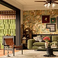 Cozy Vintage Living Room Interior Design With Green Sofa Floral Wallpaper And Ceiling Fan Lights