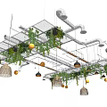 Modern Ceiling Design with Metal Framework Climbing Plants Hanging Lamps and Orange Decorative Balls