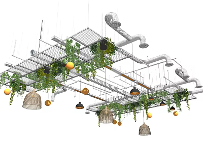 Modern Ceiling Design with Metal Framework Climbing Plants Hanging Lamps and Orange Decorative Balls 3d model