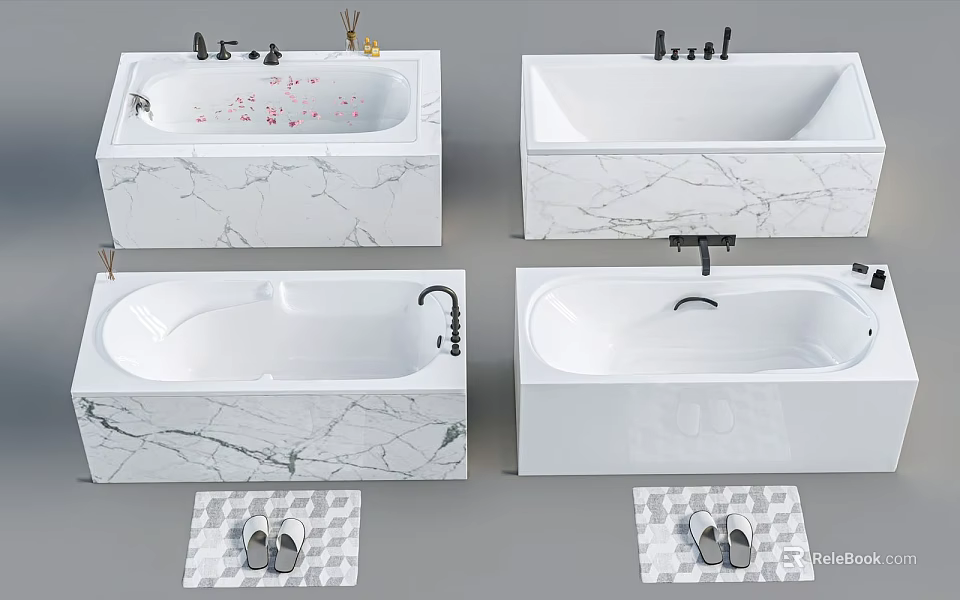Elegant Bathtub Designs With Marble Surround Faucet And Non Slip Bath Mat 3d model 