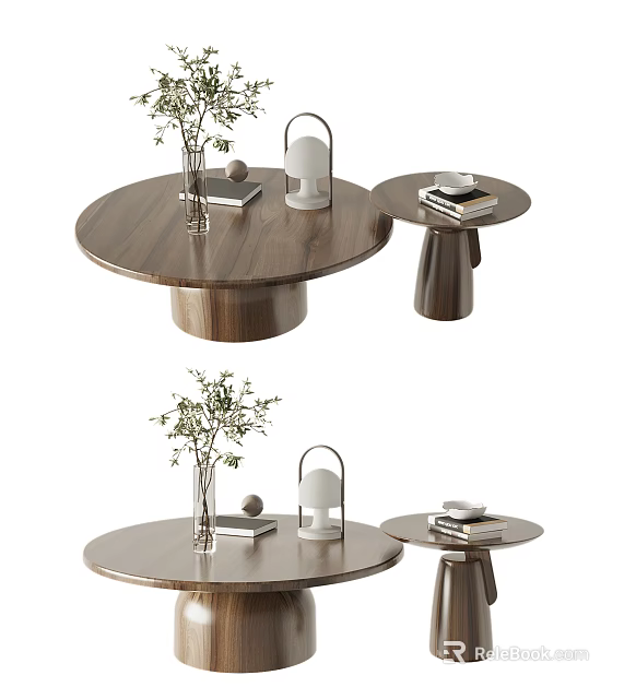 Modern Walnut Coffee Table With Decorative Vase Books And Table Lamp 3d model