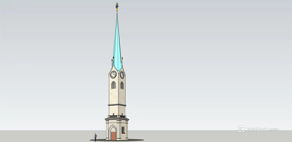 Ancient Historic Tower with Blue Spire Stone Structure Clock and Wooden Door 3d model 