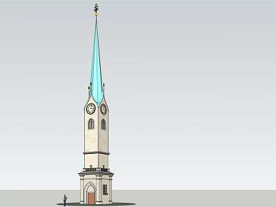 Ancient Historic Tower with Blue Spire Stone Structure Clock and Wooden Door 3d model