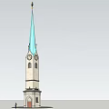 Ancient Historic Tower with Blue Spire Stone Structure Clock and Wooden Door