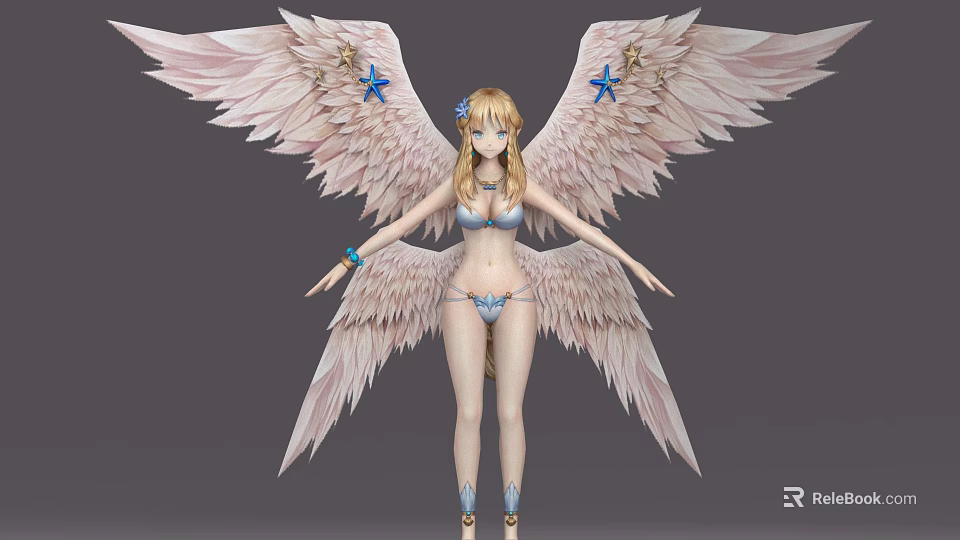 Woman With Large Pink Wings Decorated Starfish Blonde Hair Blue Accents Bikini Outfit 3d model 