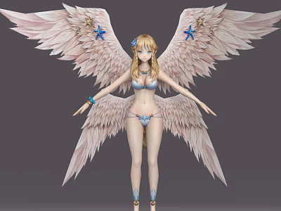 Woman With Large Pink Wings Decorated Starfish Blonde Hair Blue Accents Bikini Outfit 3d model