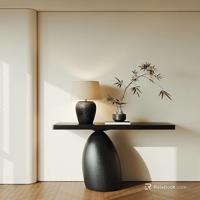 Black Console Table With Table Lamp And Bamboo Plant On Light Wall Background 3d model