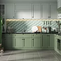 Light Green Kitchen Interior Design With Tiled Backsplash Decorative Window And Cactus Plant