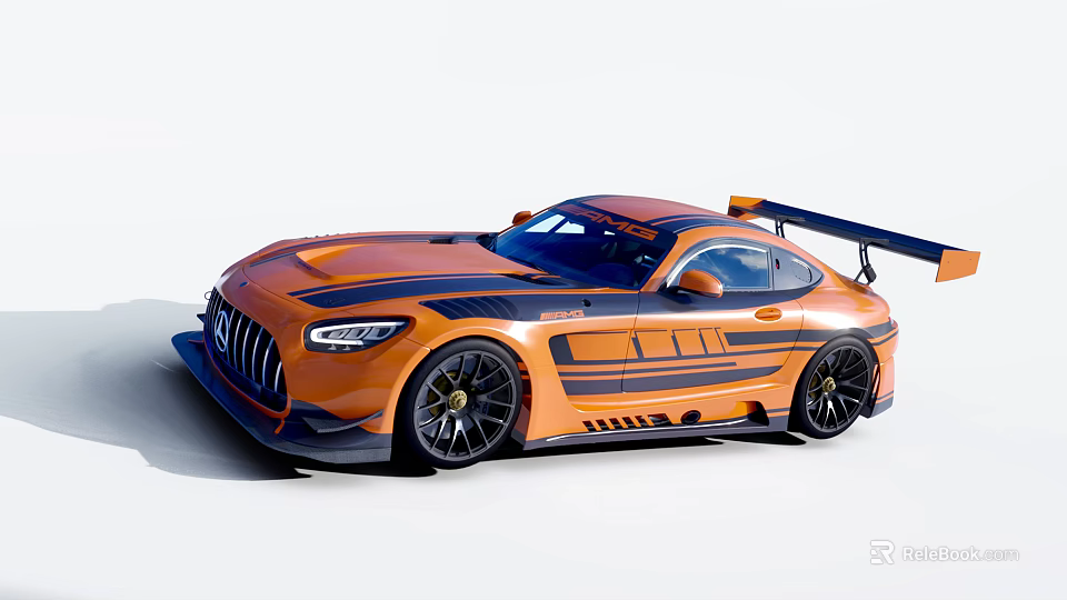 Orange Mercedes AMG GT Sports Car With Black Stripes And Rear Spoiler 3d model 