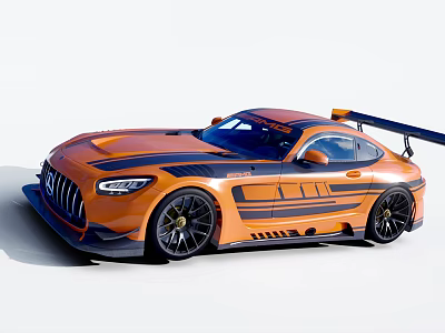 Orange Mercedes AMG GT Sports Car With Black Stripes And Rear Spoiler 3d model