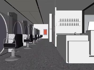 Modern Beauty Salon Interior With Stylish Chairs Round Mirrors And Product Shelves 3d model