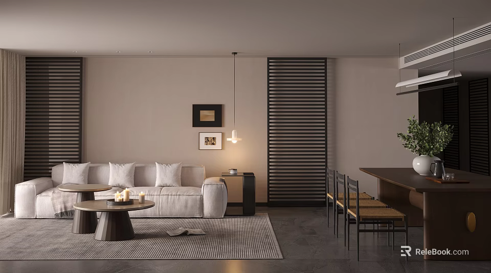 Modern Minimalist Living and Dining Room Interior With Beige Sofa Coffee Table Pendant Light Dining Chairs 3d model 