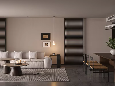 Modern Minimalist Living and Dining Room Interior With Beige Sofa Coffee Table Pendant Light Dining Chairs 3d model