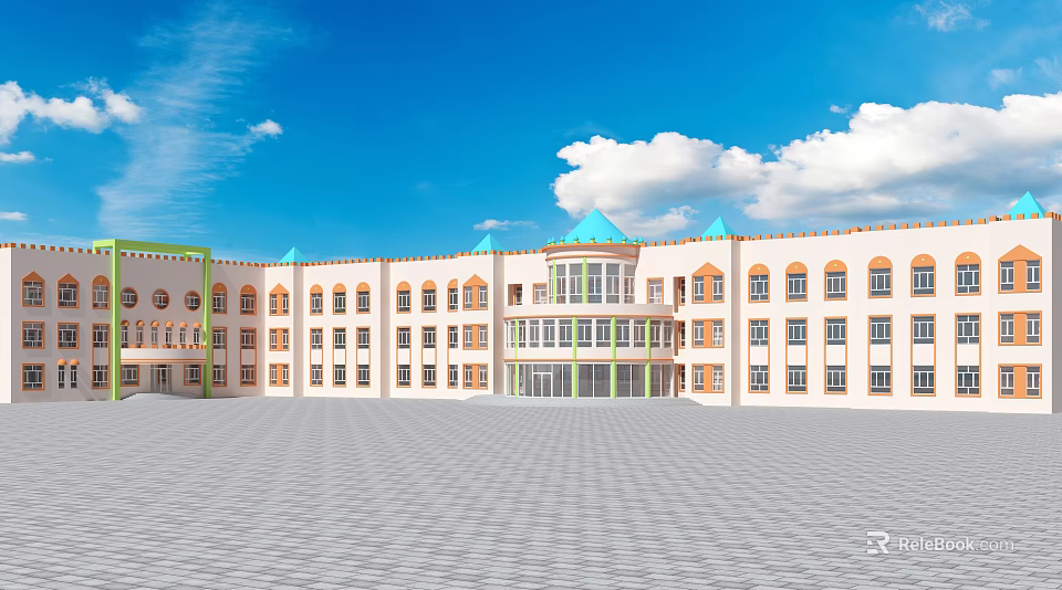 Modern School Building With Green Pointed Roofs Central Dome And Open Square 3d model