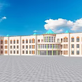 Modern School Building With Green Pointed Roofs Central Dome And Open Square 3d model