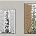 White and Wooden Window Blinds in Room with Trees and Buildings Outside