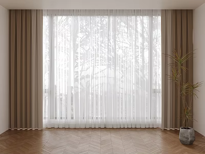 Brown and White Sheer Curtains For Window In Room With Wooden Floor And Potted Plant 3d model