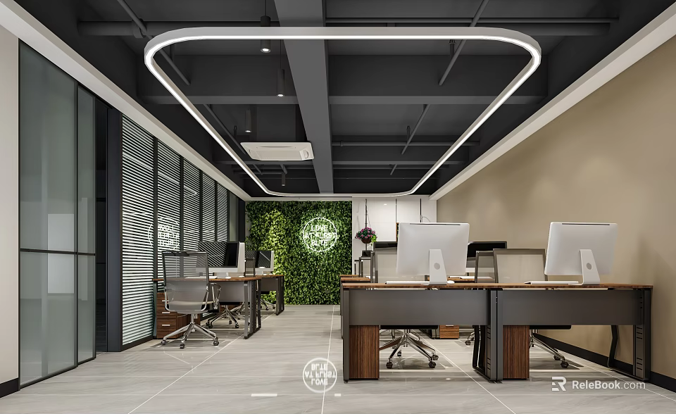 Modern Public Office Space Interior With Work Desks Computers Green Plant Wall And Glass Partitions 3d model 