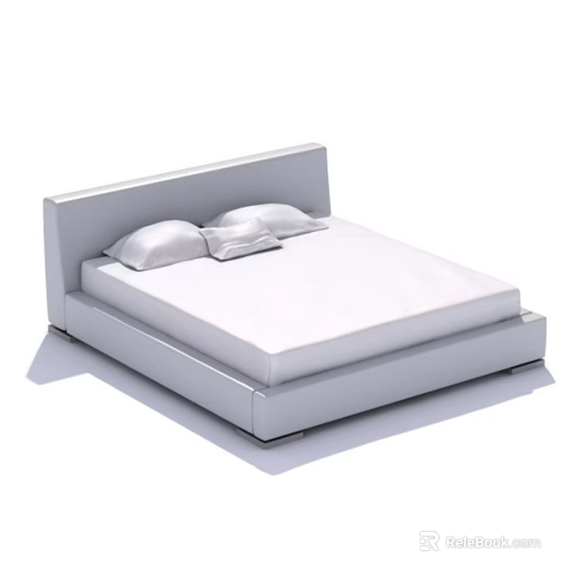 Modern Minimalist Double Bed with Gray Headboard White Mattress and Pillows 3d model 