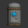 Silver Metal Decorative Cylinder With Brown Riveted Band And Blue Gemstone
