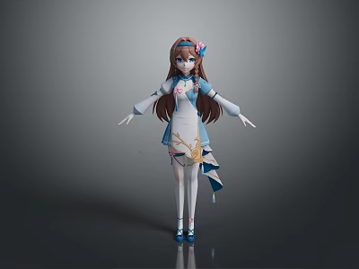 Child In Blue And White Traditional Dress With Flower In Hair And Outstretched Arms 3d model