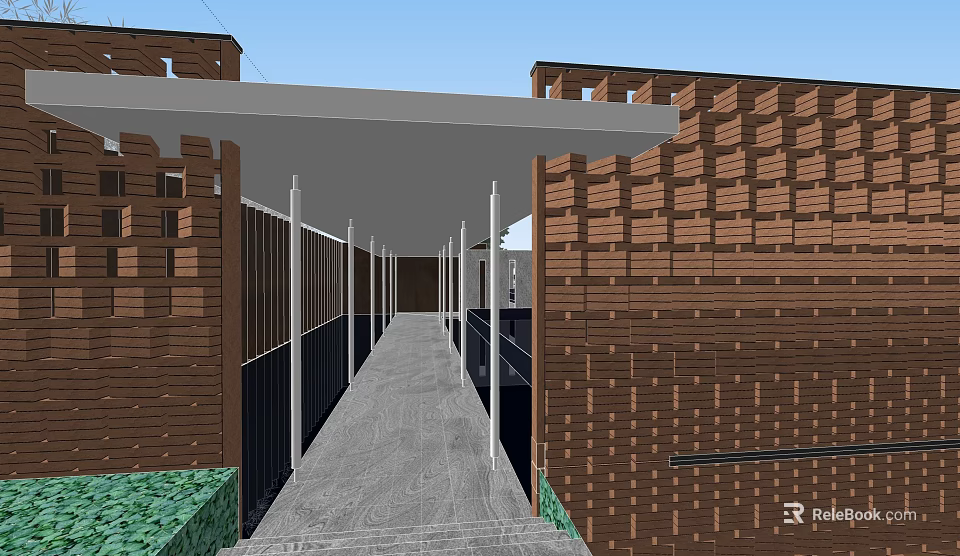 Garden Landscape Design With Wooden Walls Covered Walkway And Green Plants 3d model 
