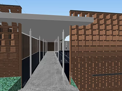 Garden Landscape Design With Wooden Walls Covered Walkway And Green Plants 3d model