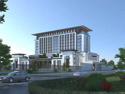 Modern Office Building Exterior with Glass Facade Multiple Floors Landscaped Surroundings and Parking Area 3d model