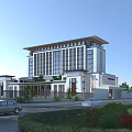 Modern Office Building Exterior with Glass Facade Multiple Floors Landscaped Surroundings and Parking Area