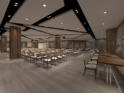 Spacious Modern Restaurant Interior With Wooden Tables Chairs And Stylish Ceiling Design 3d model