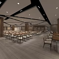 Spacious Modern Restaurant Interior With Wooden Tables Chairs And Stylish Ceiling Design