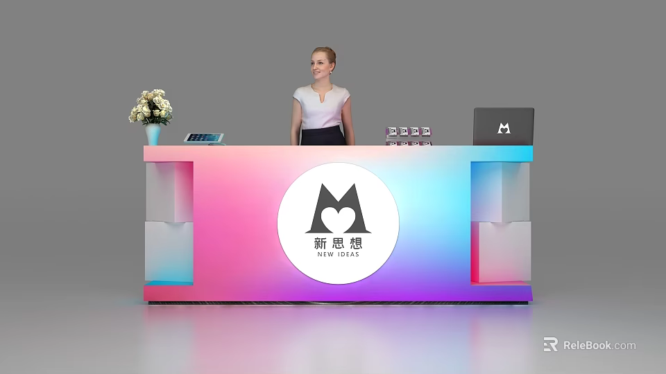 Exhibition Reception Desk with Gradient Color Flower Vase Staff Logo M Symbol New Ideas 3d model 