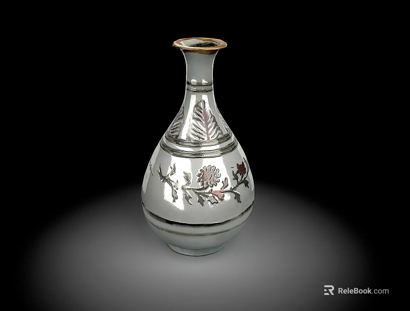 White Ceramic Vase With Intricate Floral Leaf Patterns and Gold Rim Decoration 3d model 