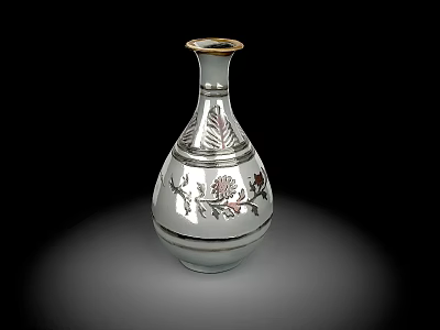 White Ceramic Vase With Intricate Floral Leaf Patterns and Gold Rim Decoration 3d model